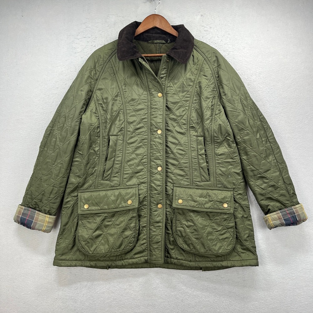 Barbour Quilted Jacket Women 16 Green Beadnell Polarquilt Coat Tartan Plaid Trim
